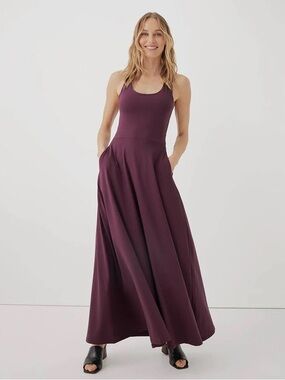 Pact Organic Cotton Fit & Flare Open Back Maxi Dress in Purple Polka Dots